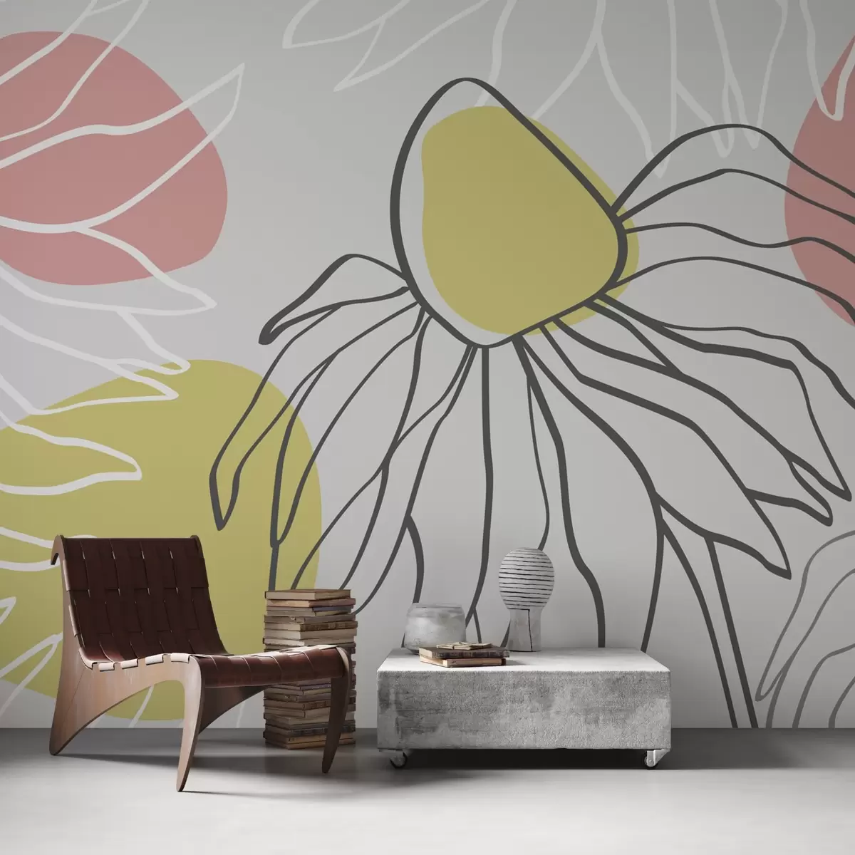 Papier peint photo Dessin abstrait de fleurs au trait, couleur bleu, rose, jaune w02427