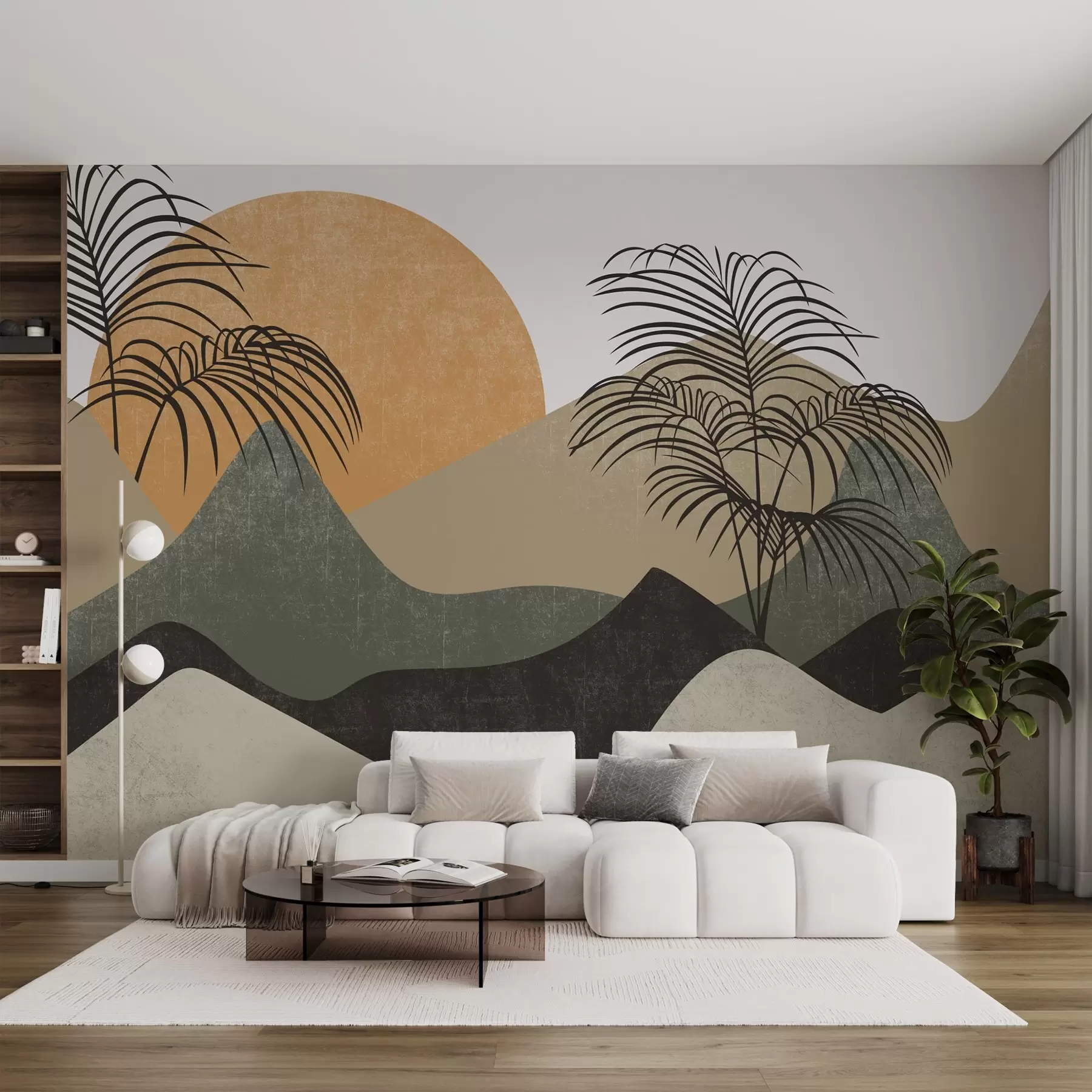 Fotobehang Berg abstract structuurlandschap met palmbomen, beige, groen, gele kleur w02429