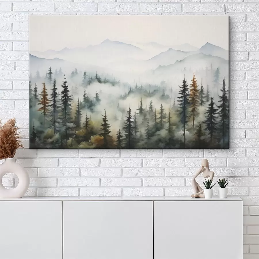  Schilderijen Bos op de achtergrond van bergen in mist imitatie van aquarel s41935