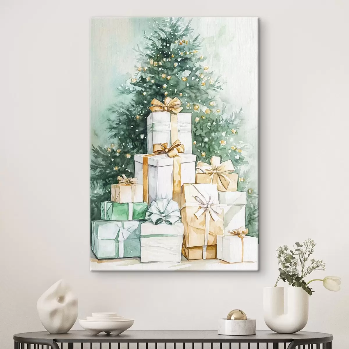  Schilderijen Kerstboom met ingepakte cadeautjes, aquarel stijl, feestelijk s41944