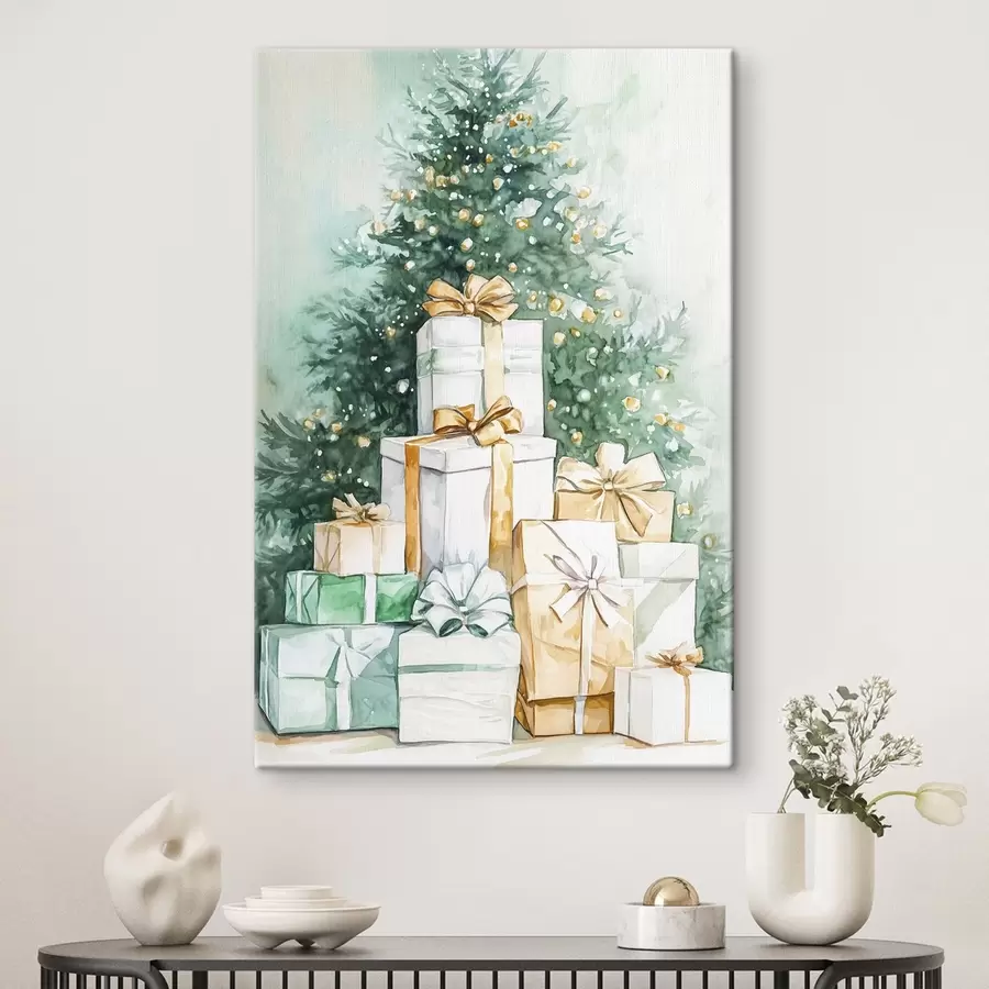  Schilderijen Kerstboom met ingepakte cadeautjes, aquarel stijl, feestelijk s41944