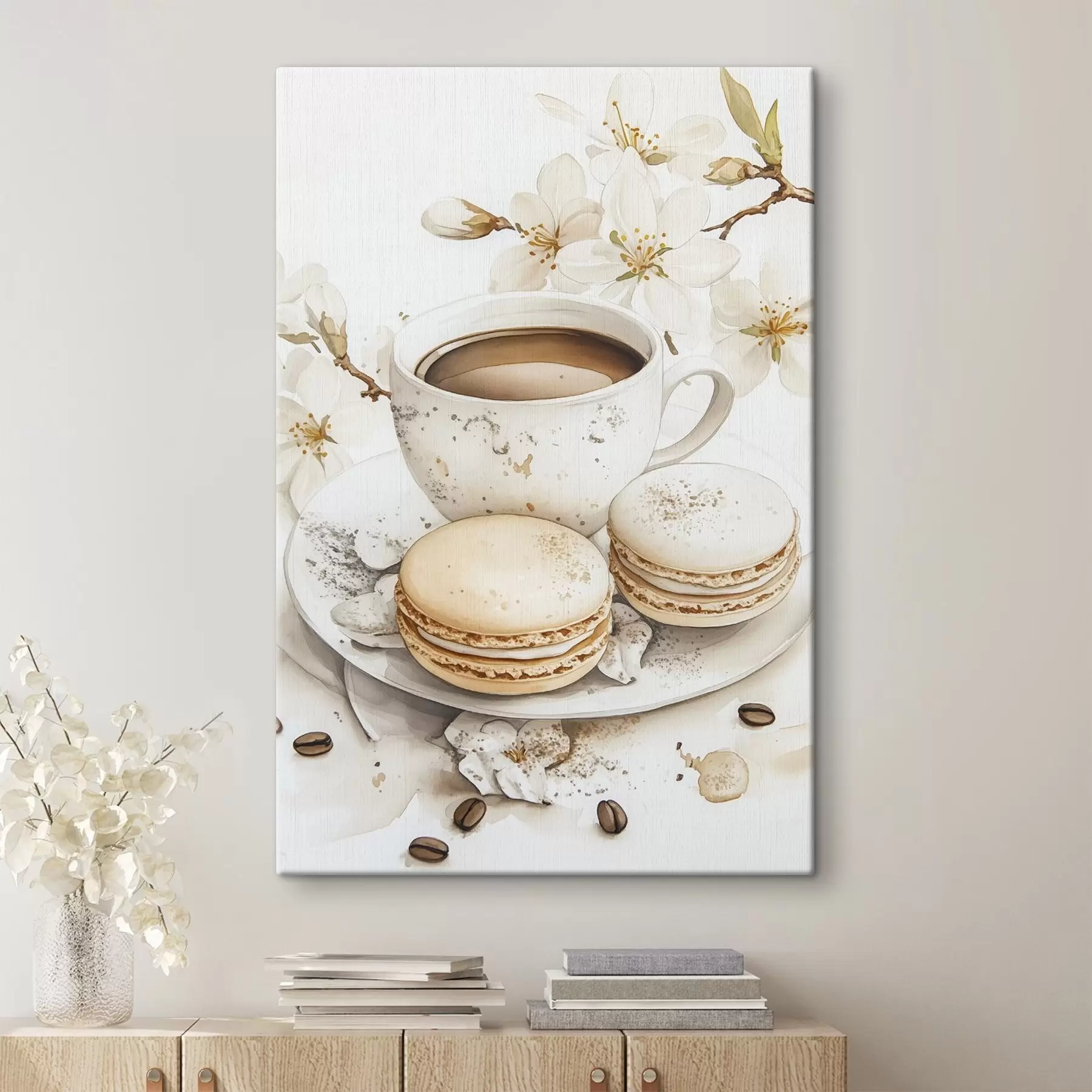 Fotobehang Kopje koffie met bitterkoekjes, aquarelstijl, zachte kleuren, jasmijnbloemen s41949