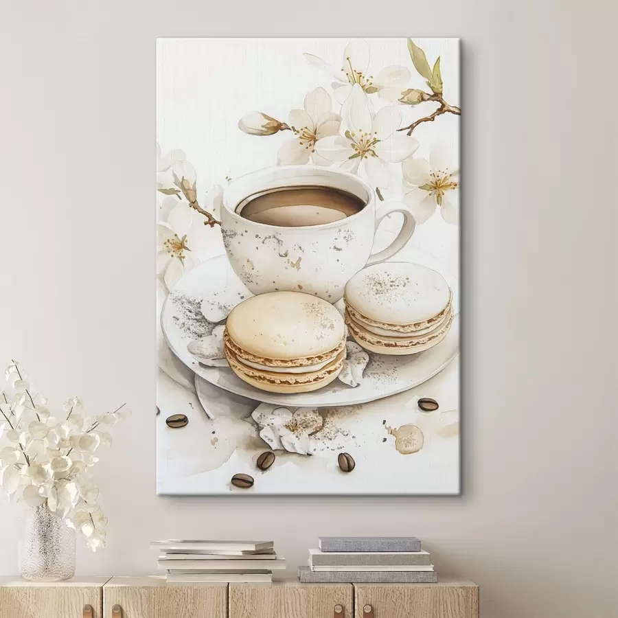  Schilderijen Kopje koffie met bitterkoekjes, aquarelstijl, zachte kleuren, jasmijnbloemen s41949