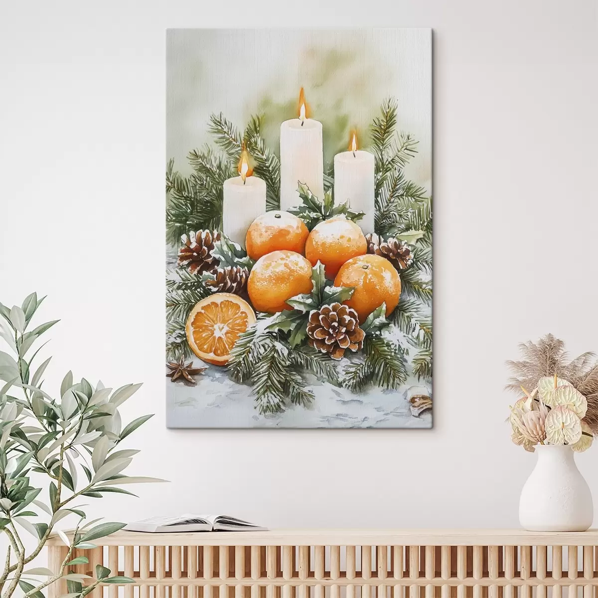  Schilderijen Kerstdecor met kaarsen, dennenboom, dennenappels en sinaasappels, aquarelstijl s41951