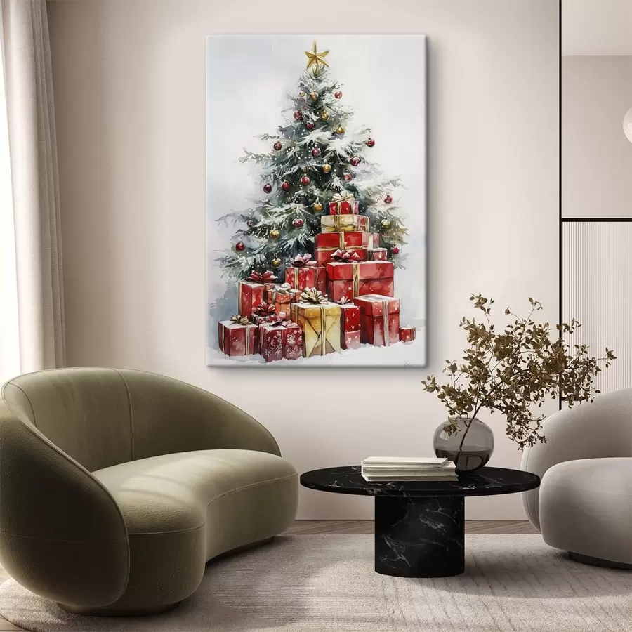  Schilderijen Feestelijke kerstboom met ingepakte cadeautjes, sneeuw, aquarel stijl s41953