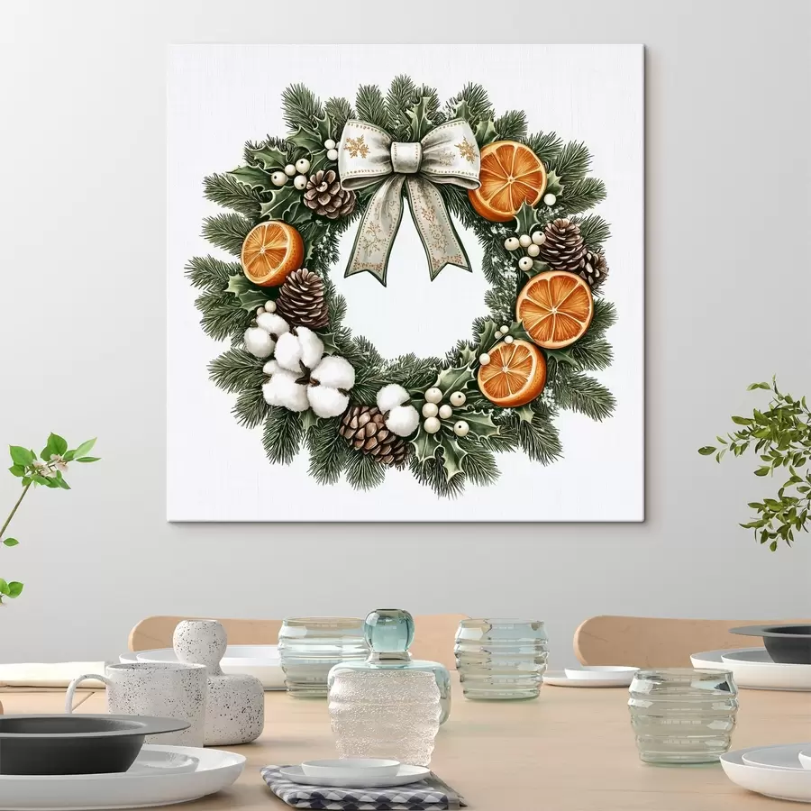  Peintures Couronne de Noël avec coton, oranges, baies sauvages et cônes, style aquarelle s41954