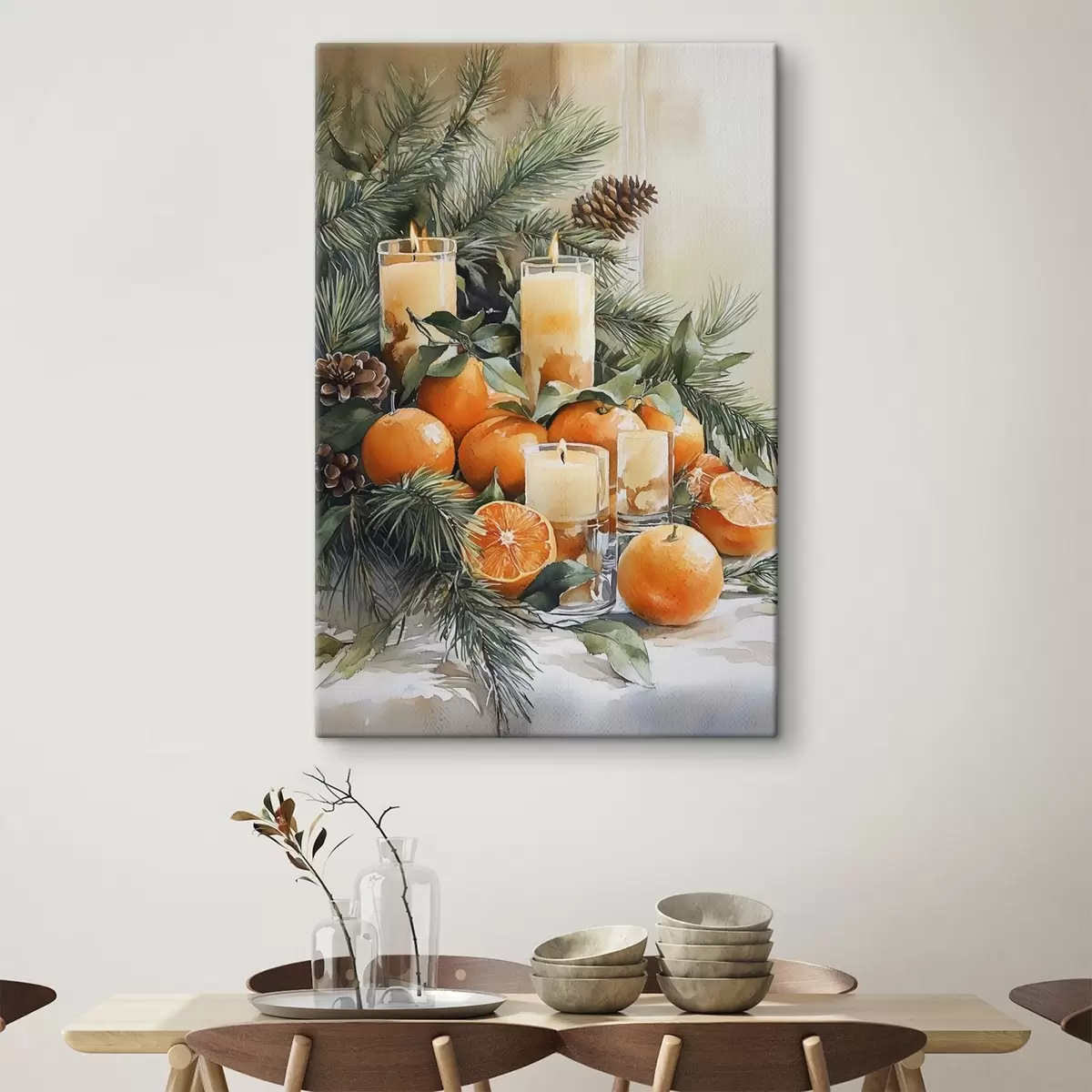  Peintures Branches de pin avec cônes, oranges et bougies, festif, style aquarelle s41956