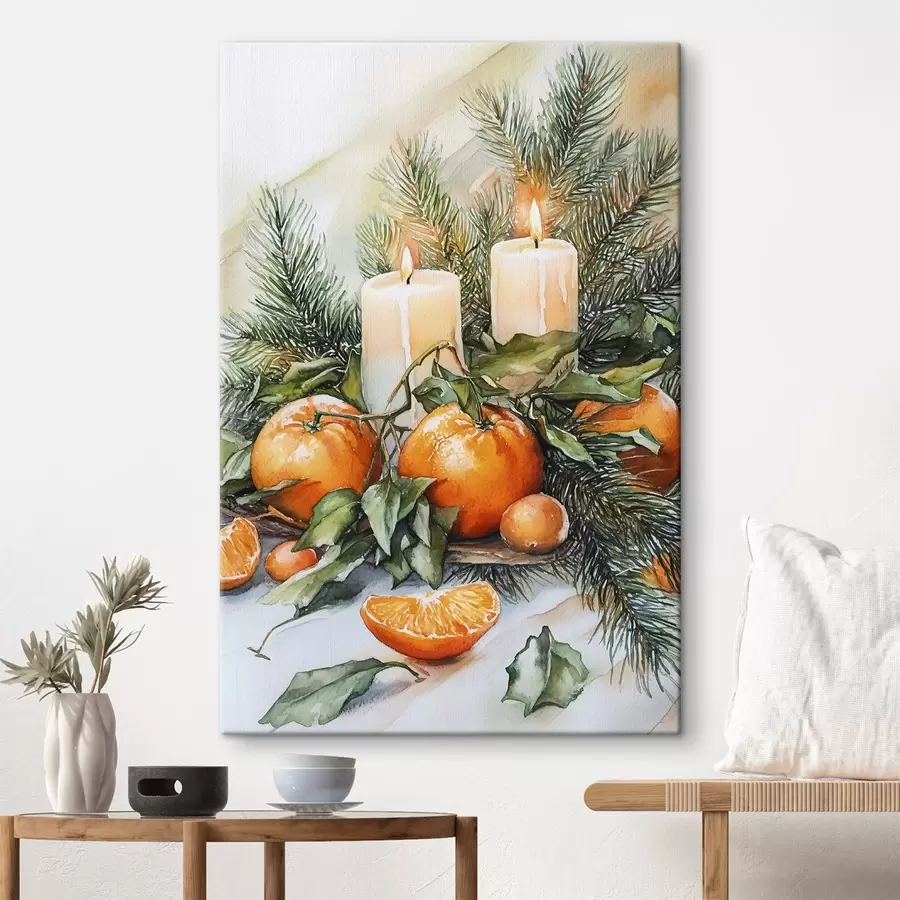  Schilderijen Prachtige kerstdecoratie met kaarsen, sinaasappels en dennentakken s41958