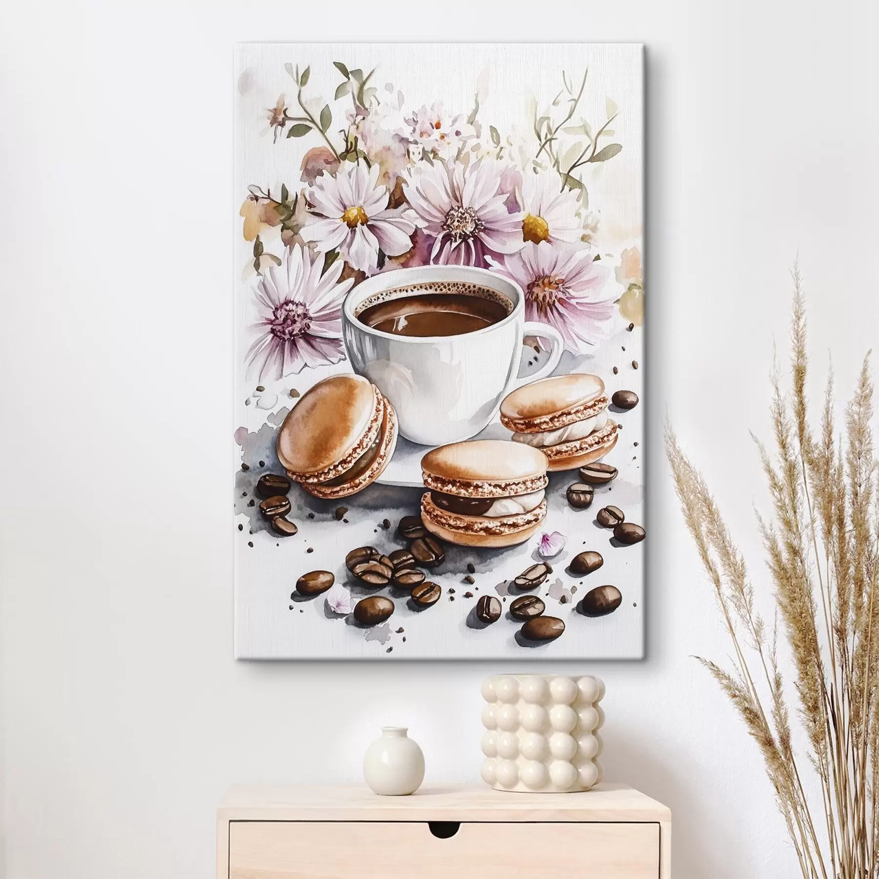 Fotobehang Kopje koffie met bitterkoekjes, roze bloemen, aquarelstijl, koffiebonen s41963