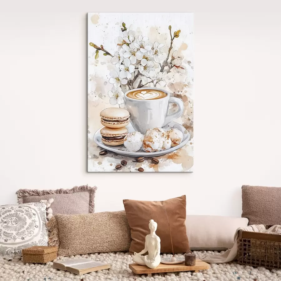  Schilderijen Mooi kopje koffie, jasmijnbloemen, bitterkoekjes, zachte aquarelkleuren s41964