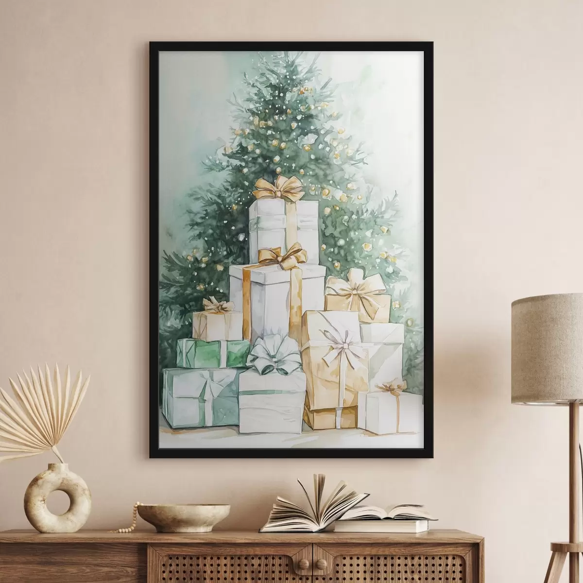 Affiche Arbre de Noël avec des cadeaux emballés, style aquarelle, festif f41944