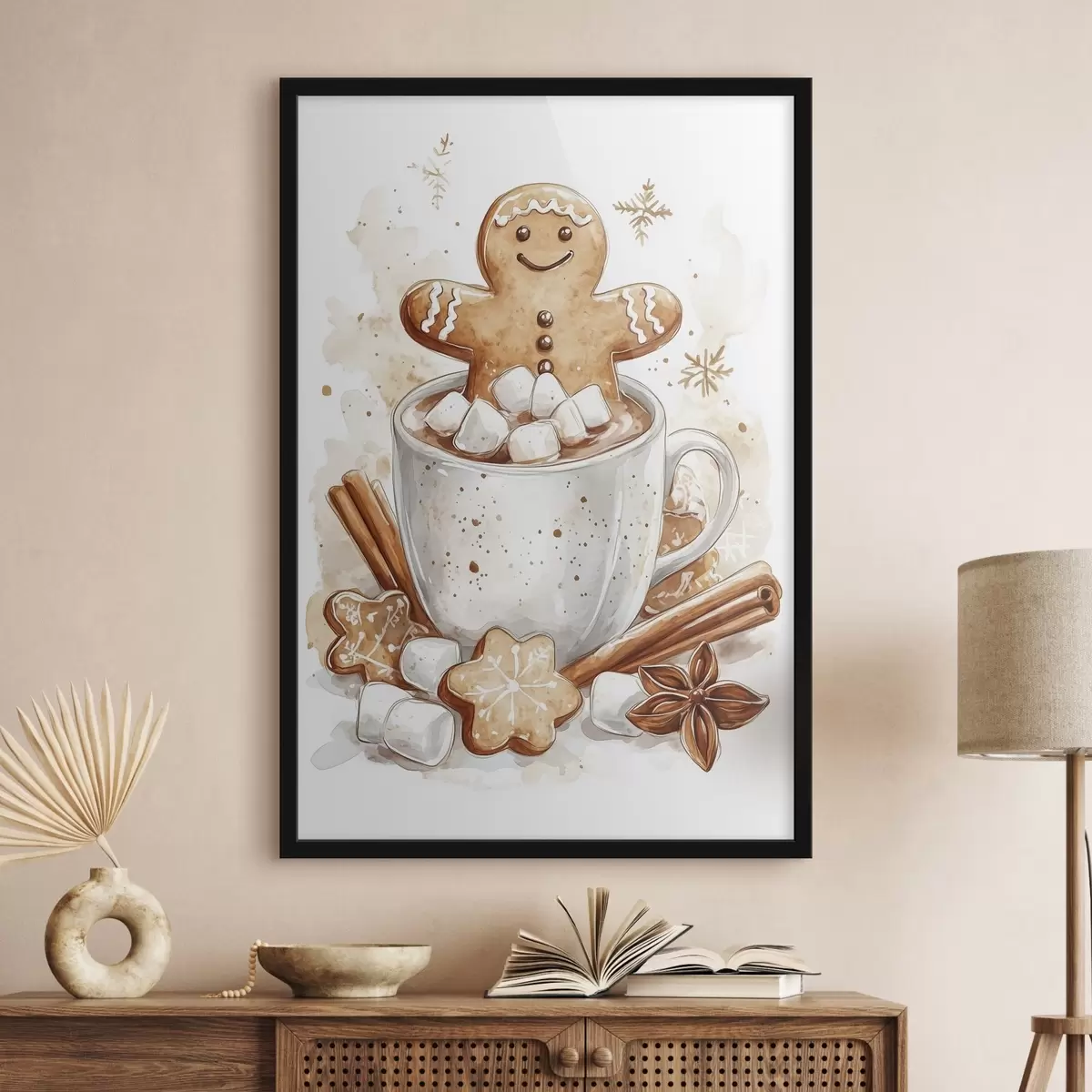 Poster Peperkoekmannen in het kopje koffie, kaneel, marshmallows, aquarel stijl, beige f41948