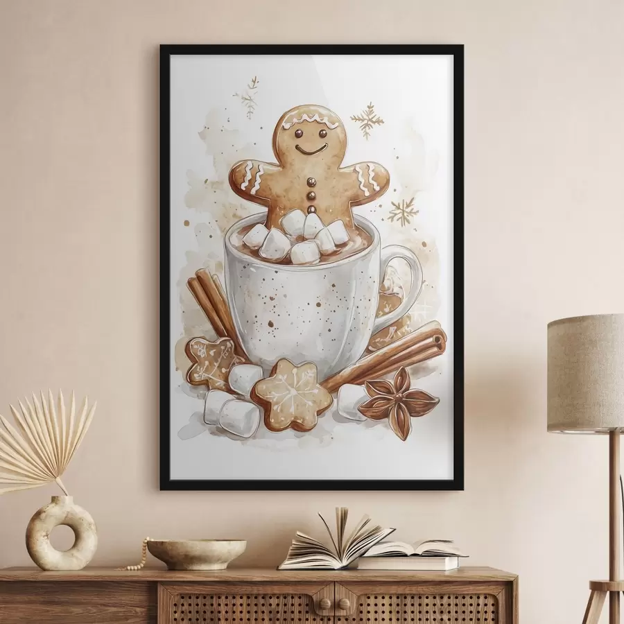 Fotobehang Peperkoekmannen in het kopje koffie, kaneel, marshmallows, aquarel stijl, beige f41948