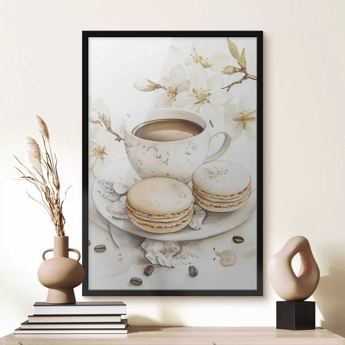 Affiche Coupe de café avec macarons, style aquarelle, couleurs douces, fleurs de jasmin f41949