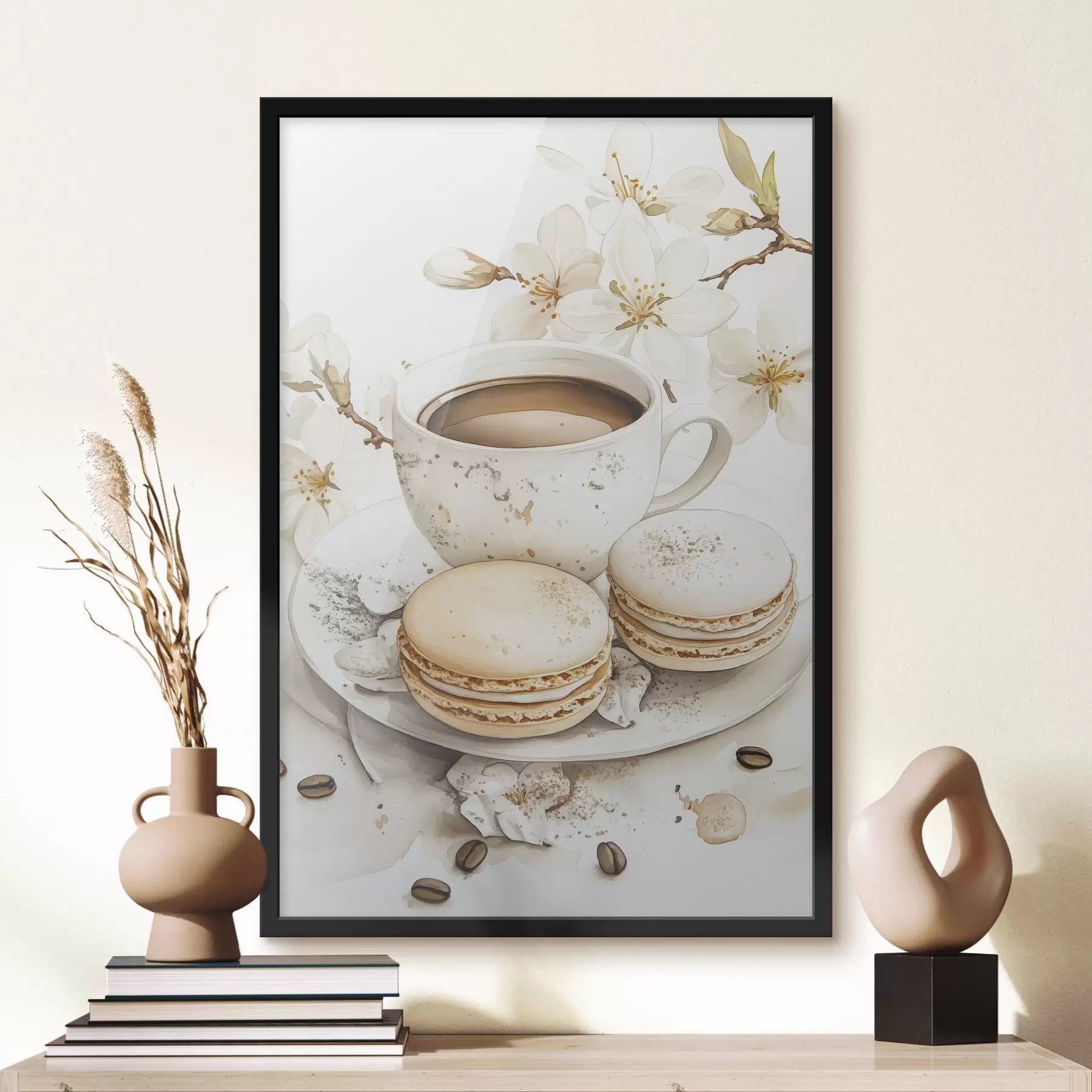 Fotobehang Kopje koffie met bitterkoekjes, aquarelstijl, zachte kleuren, jasmijnbloemen f41949