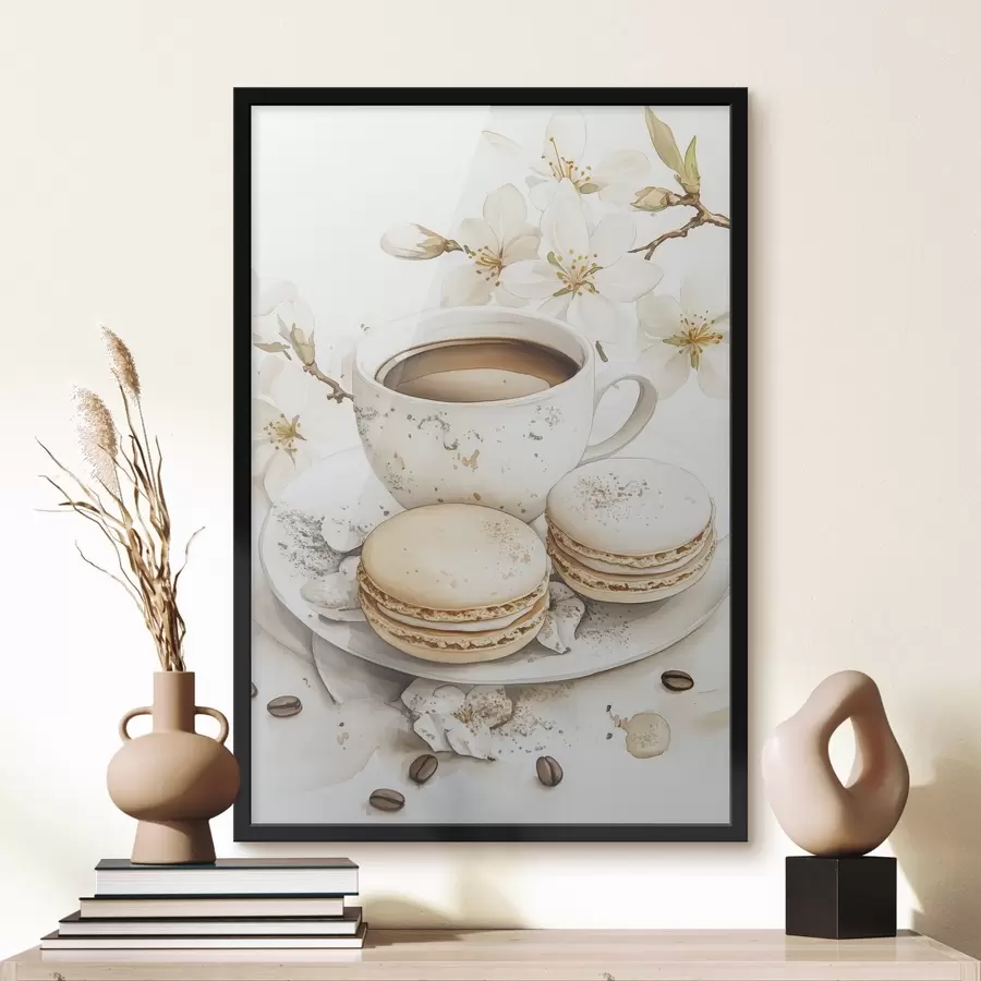 Fotobehang Kopje koffie met bitterkoekjes, aquarelstijl, zachte kleuren, jasmijnbloemen f41949