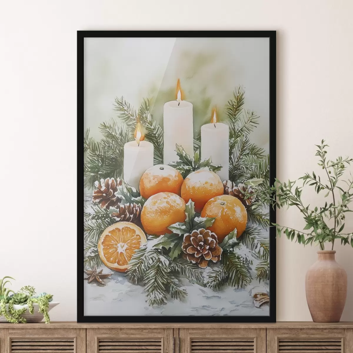 Affiche Décor de Noël avec bougies, sapin, cônes et oranges, style aquarelle f41951
