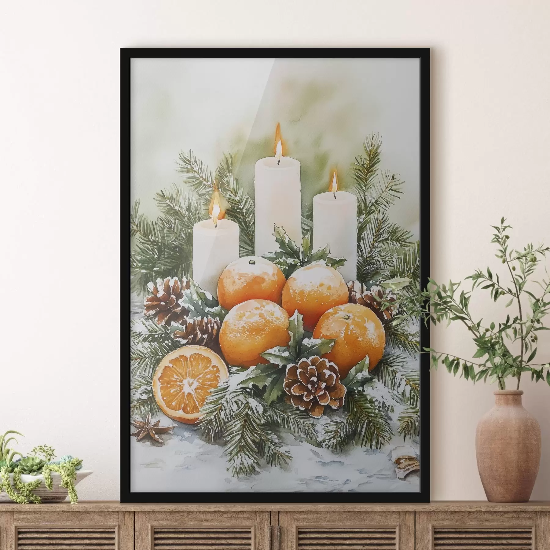 Papier peint photo Décor de Noël avec bougies, sapin, cônes et oranges, style aquarelle f41951