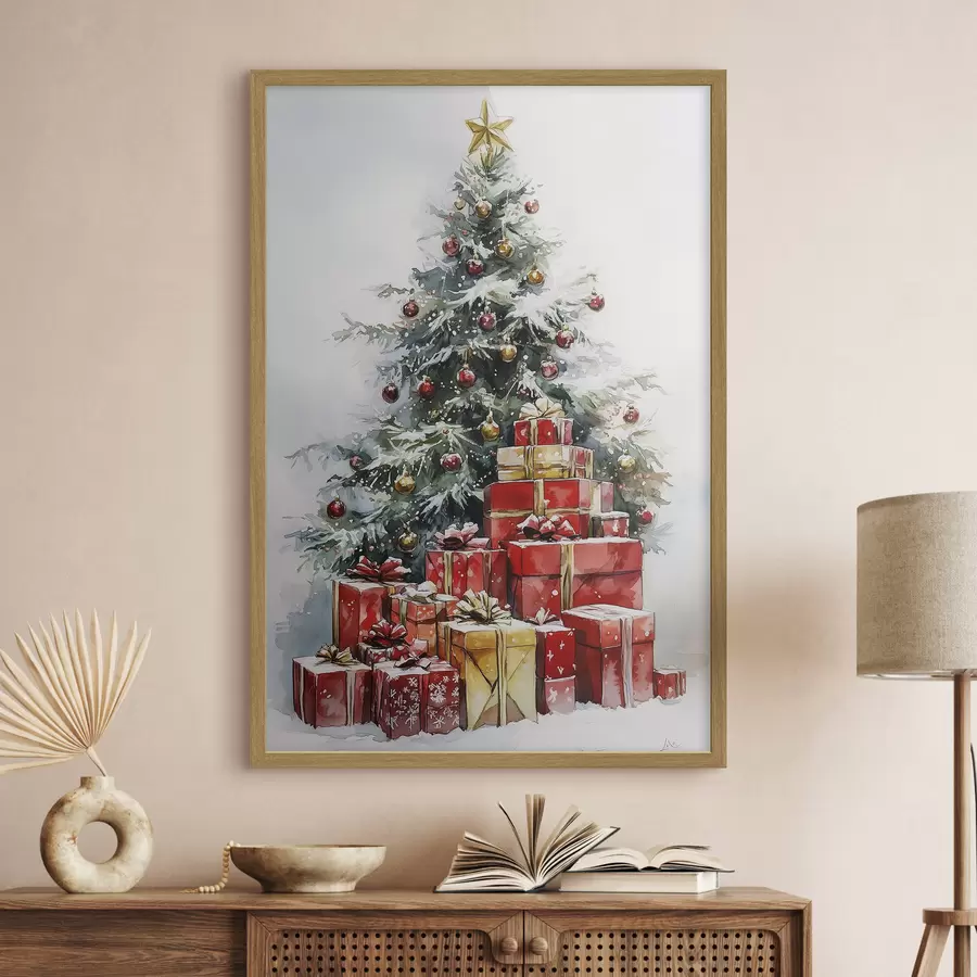 Fotobehang Feestelijke kerstboom met ingepakte cadeautjes, sneeuw, aquarel stijl f41953