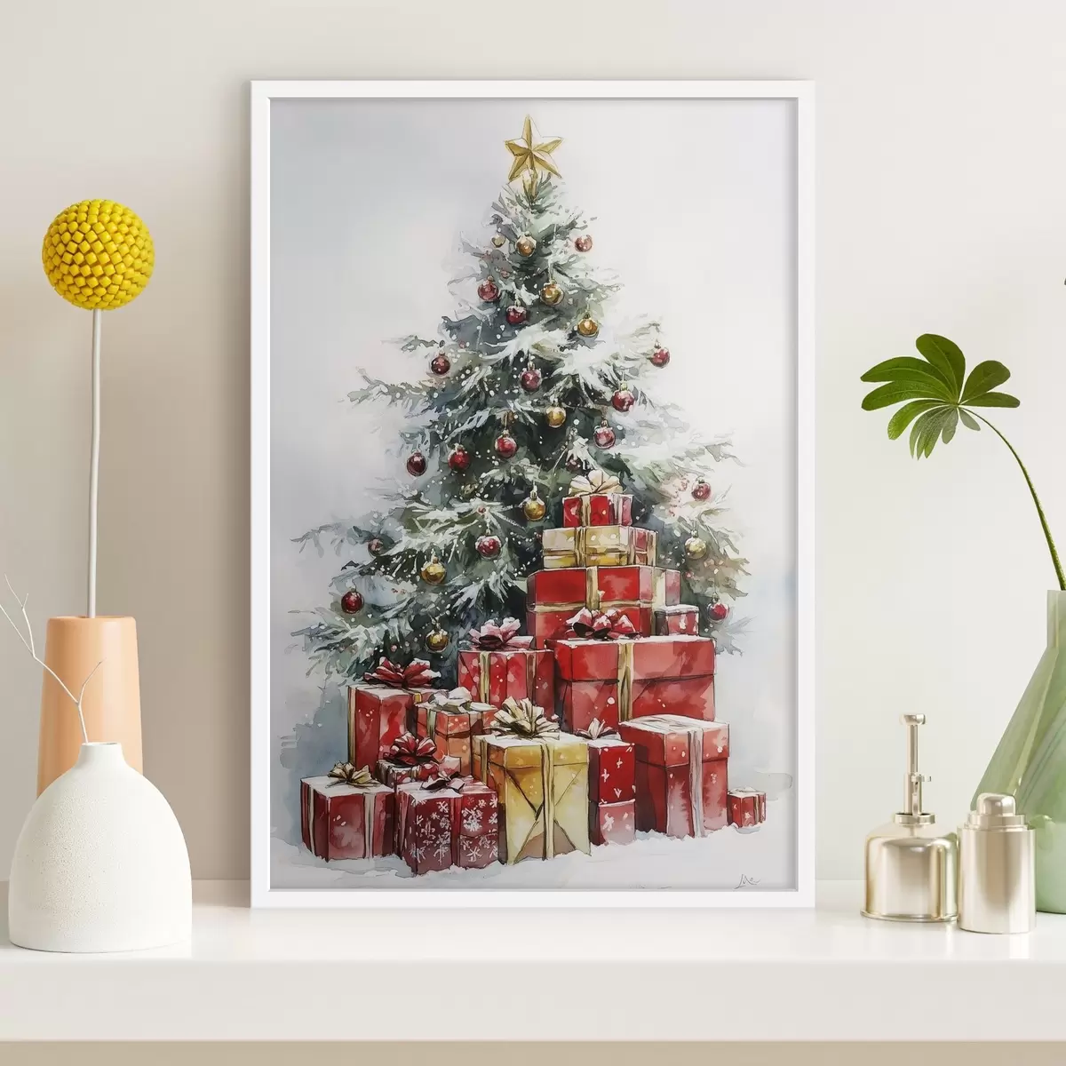 Poster Feestelijke kerstboom met ingepakte cadeautjes, sneeuw, aquarel stijl f41953