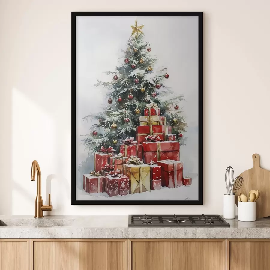 Papier peint photo Arbre de Noël festif avec cadeaux emballés, neige, style aquarelle f41953