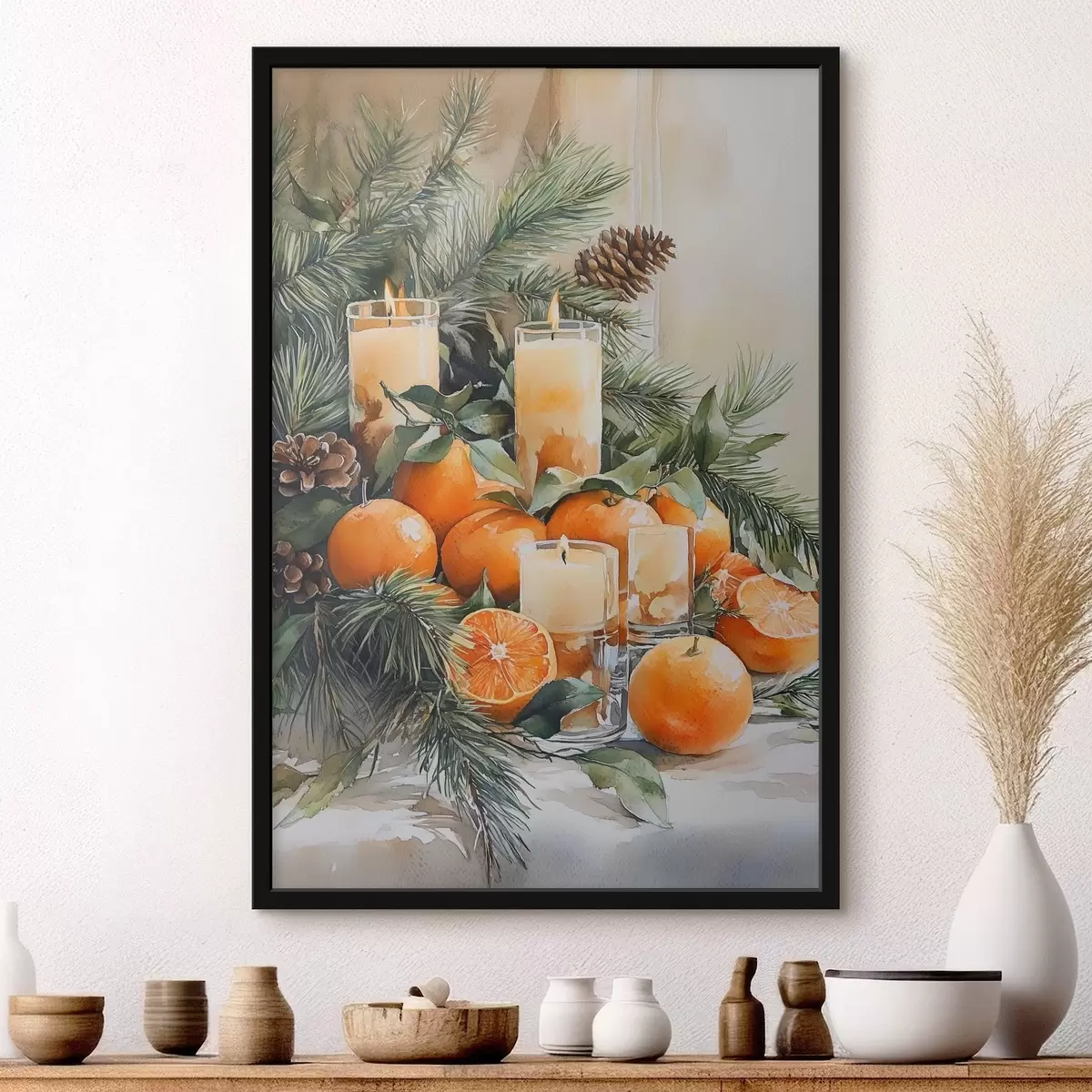 Poster Pijnboomtakken met dennenappels, sinaasappels en kaarsen, feestelijk, aquarelstijl f41956