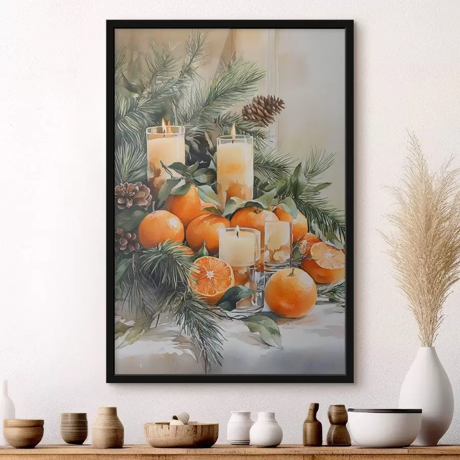 Fotobehang Pijnboomtakken met dennenappels, sinaasappels en kaarsen, feestelijk, aquarelstijl f41956