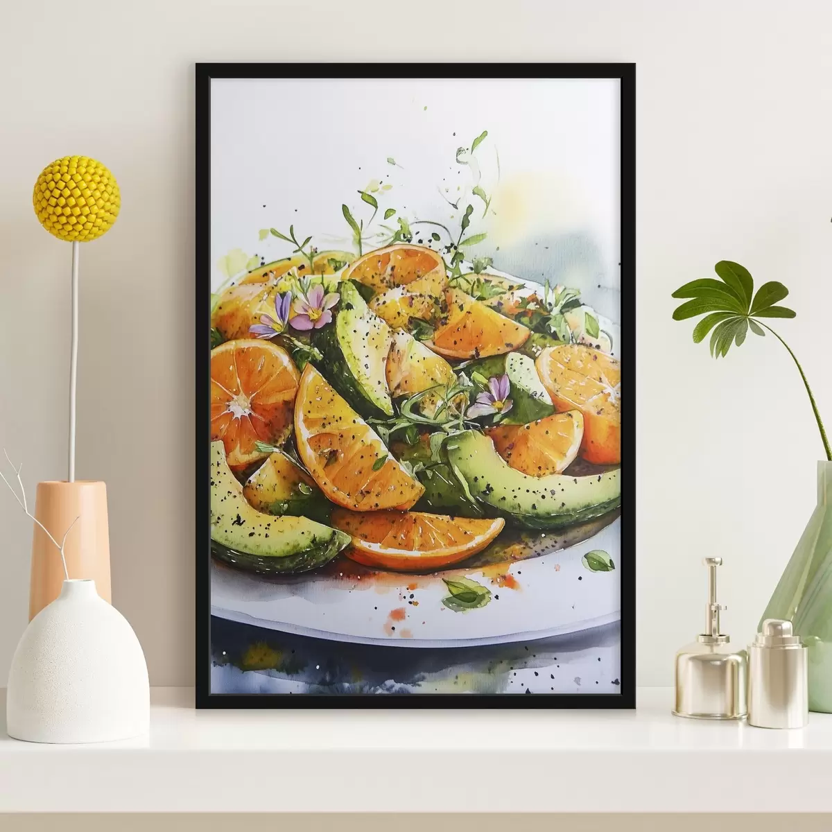 Poster Salade in aquarelstijl met pompoen, sinaasappels en avocado f41957