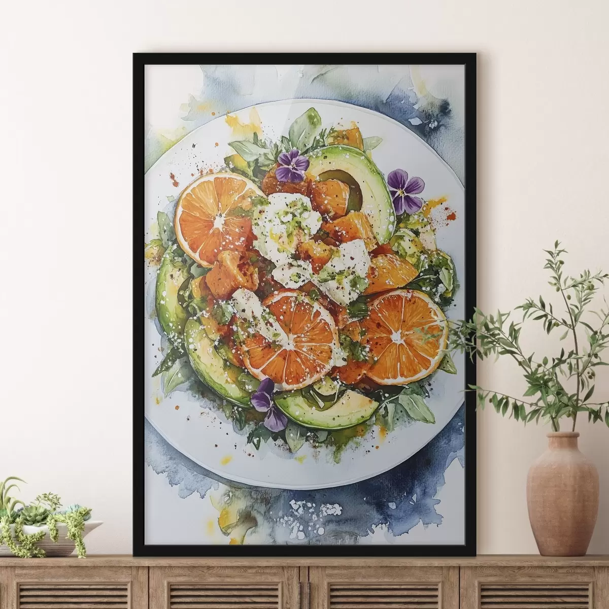 Affiche Délicieuse salade d'oranges, de feta, de citrouilles et d'avocats, aquarelle alimentaire f41959