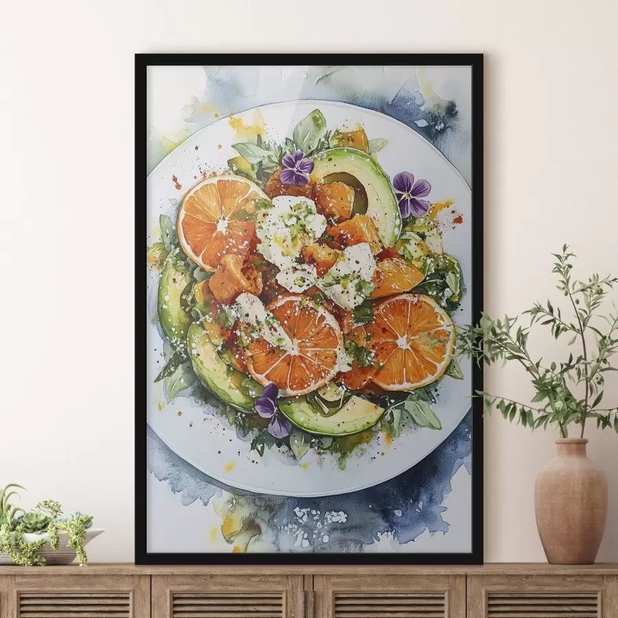 Fotobehang Heerlijke salade met sinaasappels, feta, pompoenen en avocado, aquarel eten f41959