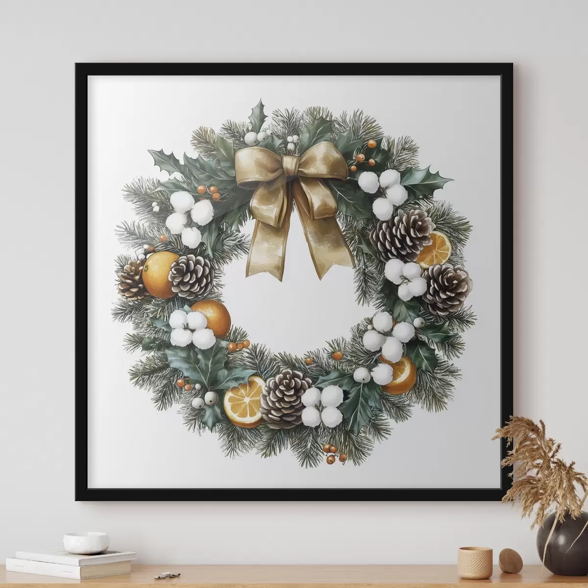 Poster Kerstboomkrans met strik, katoen, sinaasappels, bessen en dennenappels f41962