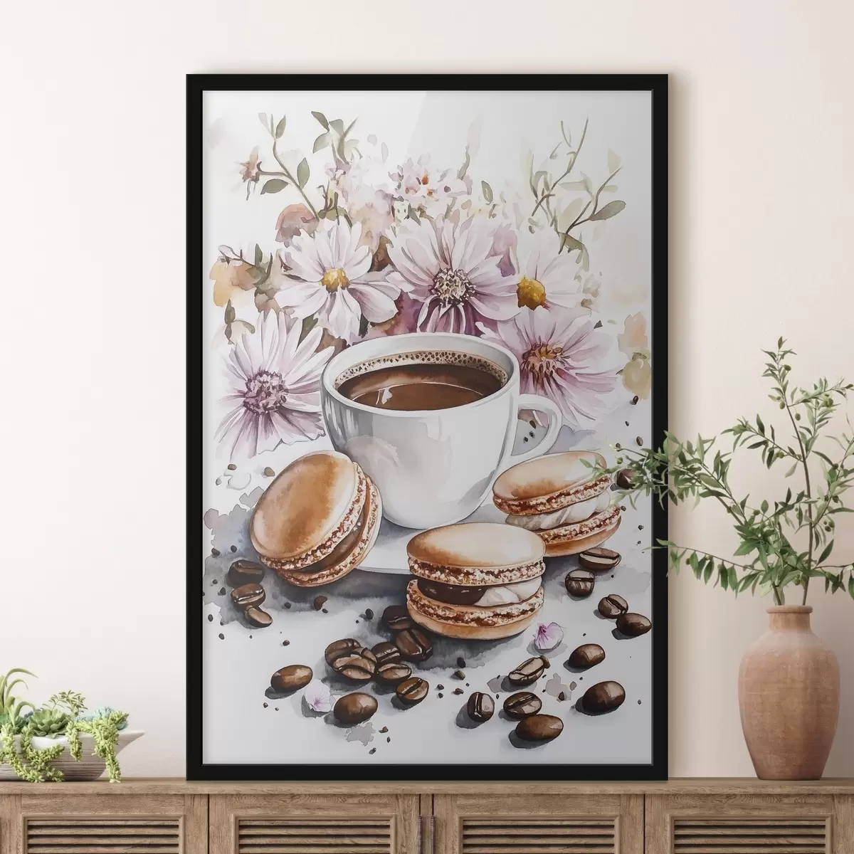 Poster Kopje koffie met bitterkoekjes, roze bloemen, aquarelstijl, koffiebonen f41963