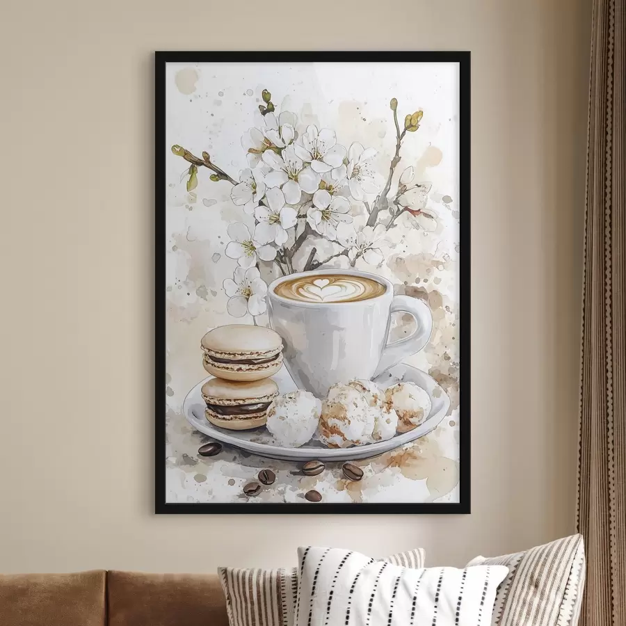 Fotobehang Mooi kopje koffie, jasmijnbloemen, bitterkoekjes, zachte aquarelkleuren f41964