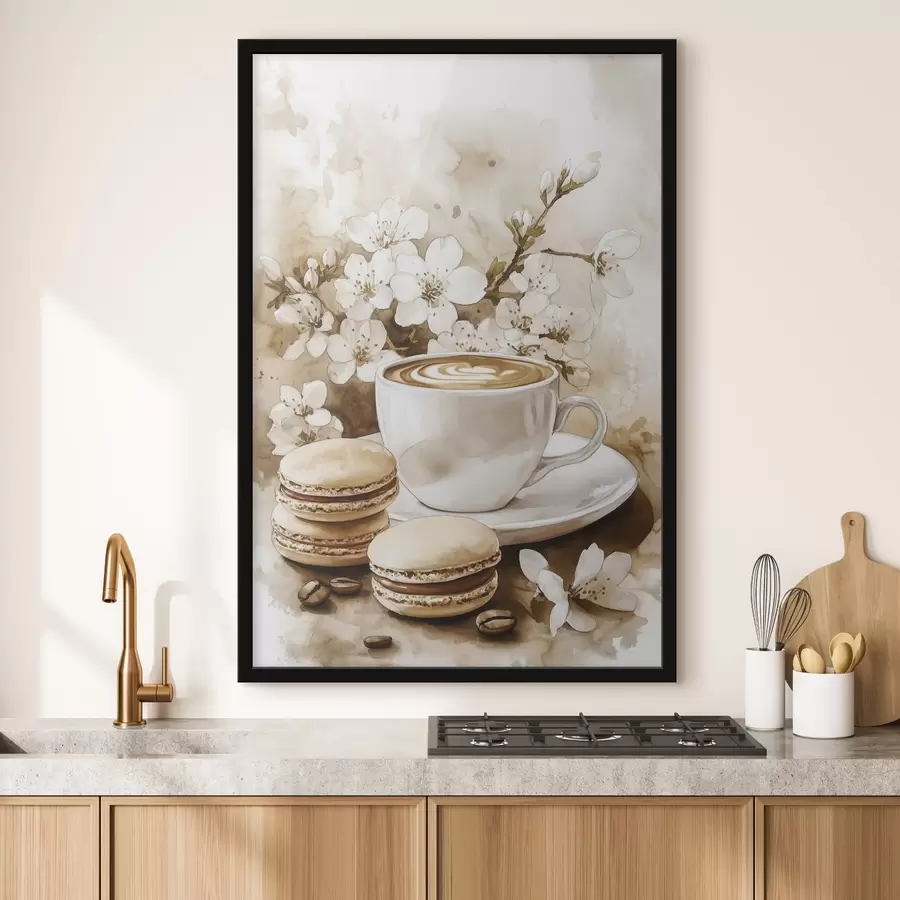 Papier peint photo Macarons, tasse de café, style aquarelle, couleurs beiges, fleurs de jasmin f41965