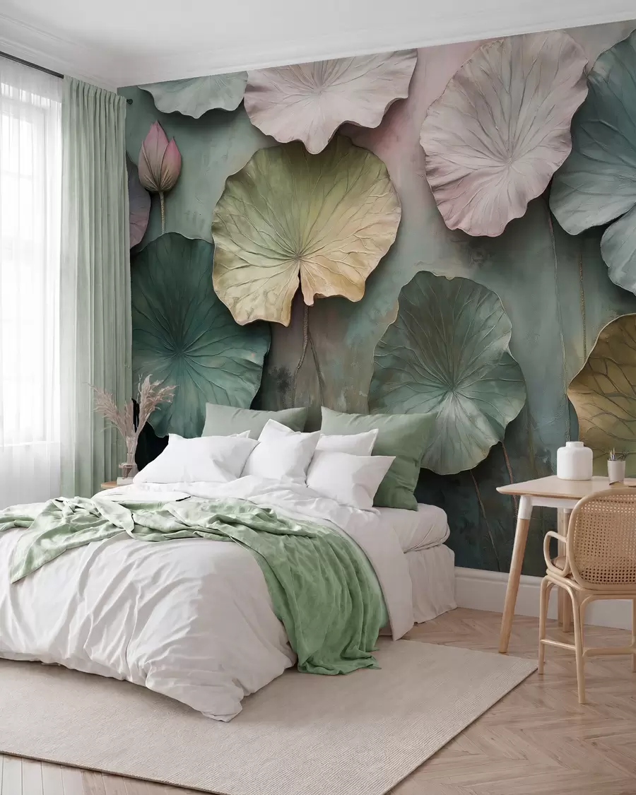 Papier peint photo feuilles de lotus en style pastel avec effet de volume w02441