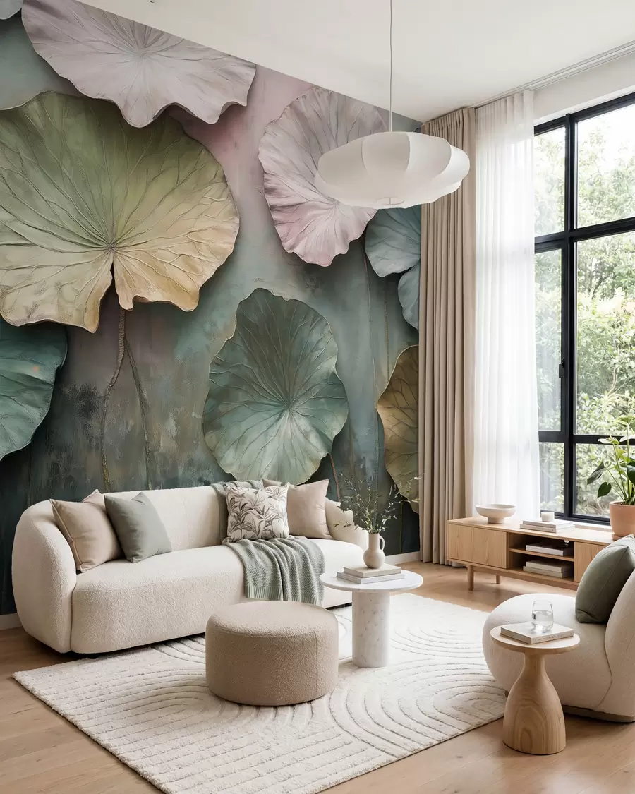 Fotobehang lotusbladeren in pastelstijl met volume-effect w02441