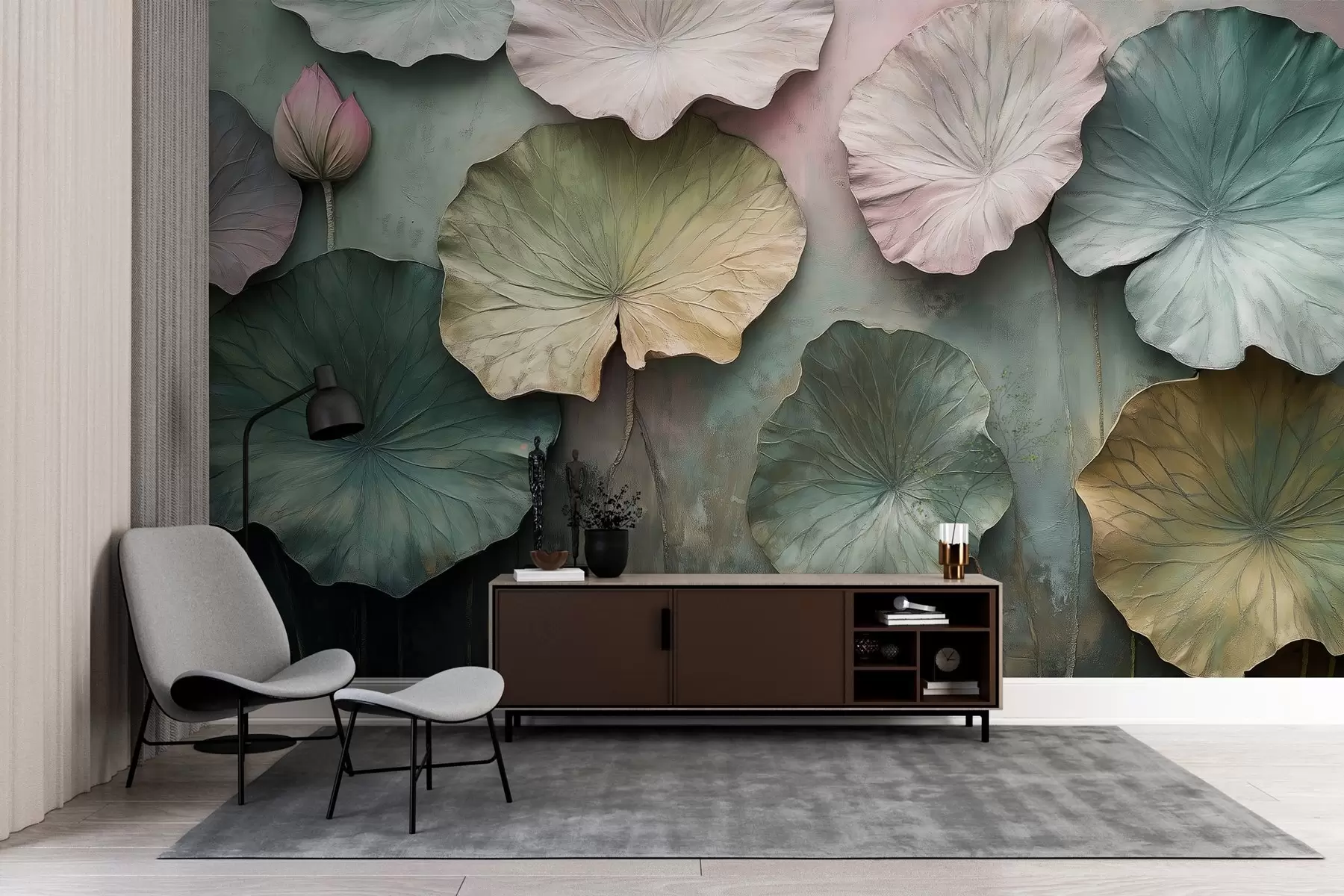 Fotobehang lotusbladeren in pastelstijl met volume-effect w02441