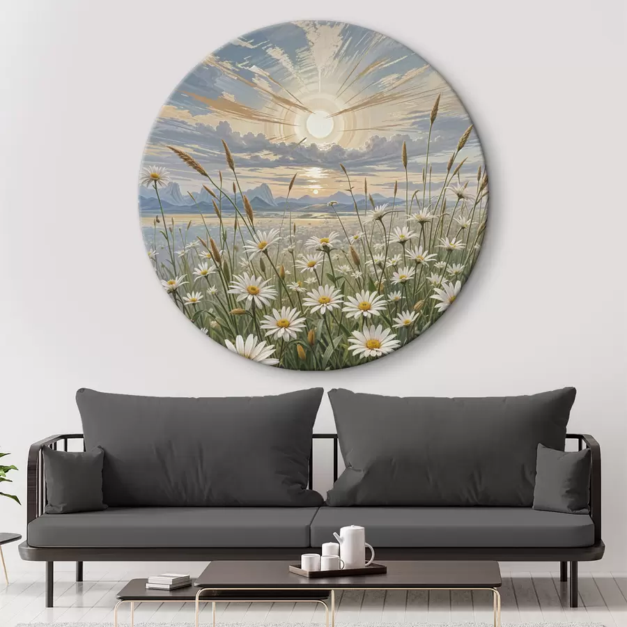  Peintures Un champ de fleurs de marguerites blanches au premier plan avec un paysage de montagnes et un ciel nuageux r39528