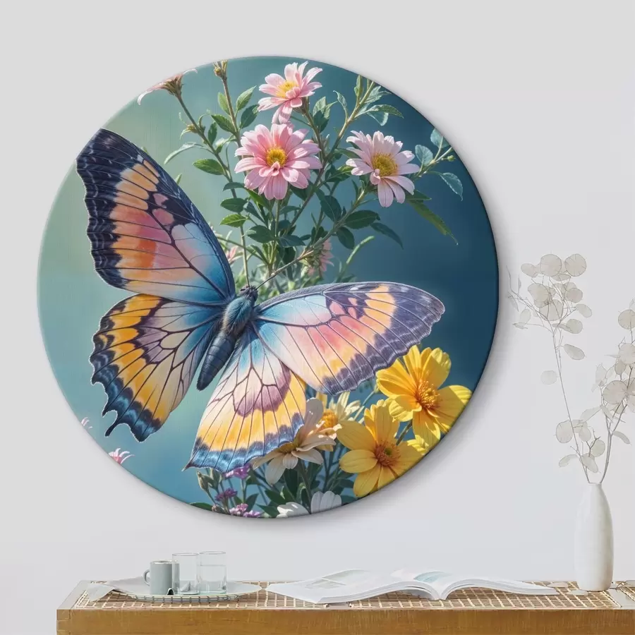  Peintures Un grand papillon coloré perché sur un bouquet de fleurs roses et jaunes sur un fond vert foncé r40411