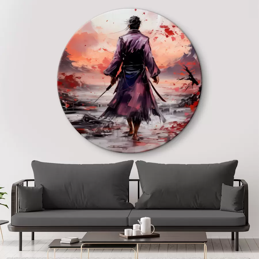  Schilderijen Een samurai met een zwaard in een paarse mantel loopt richting het abstracte kunstschilderij van de bergen r39194