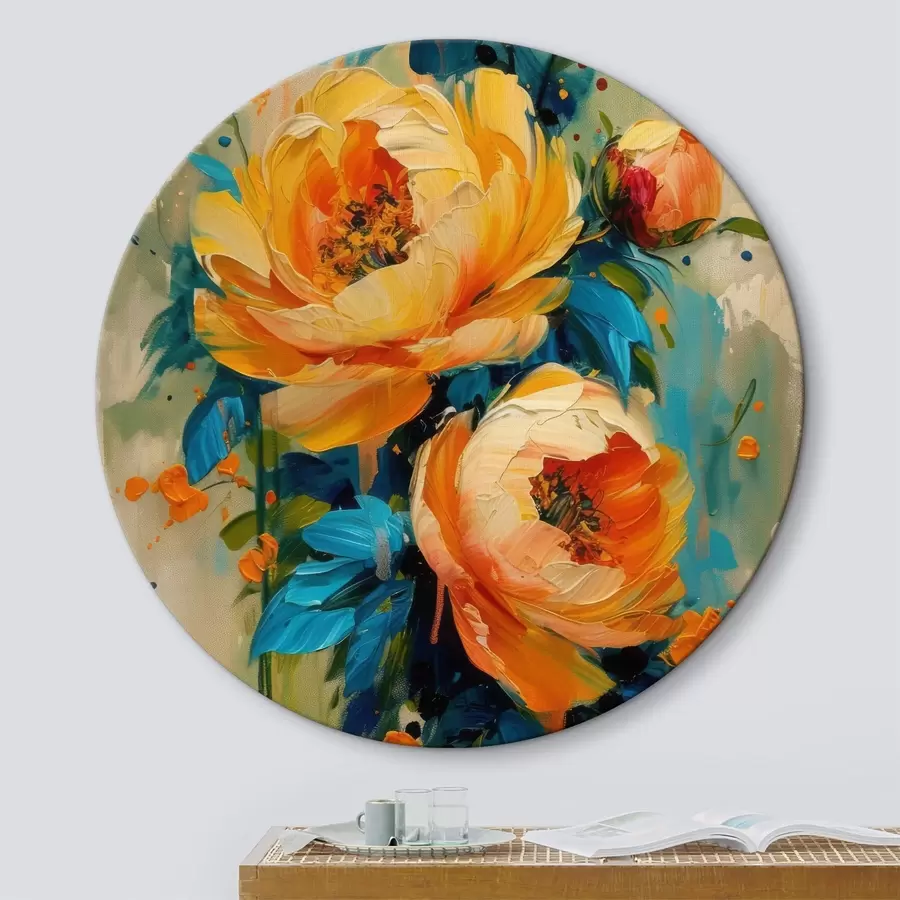  Schilderijen Abstract schilderij in beige, gele, blauwe, saliegroene tinten met oranje spatten, levendige pioenrozen in de zomer r39472