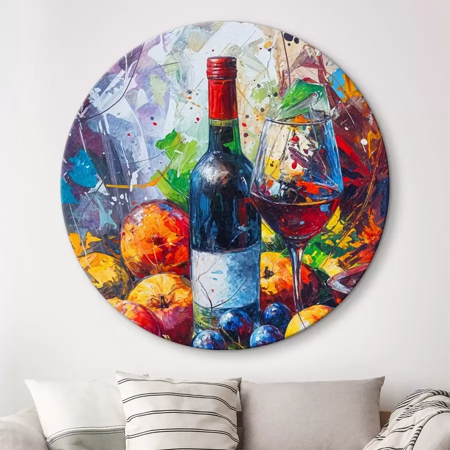 Schilderijen Abstract stilleven van een fles wijn, een glas wijn en kleurrijk fruit met spatten van verschillende kleuren r38958