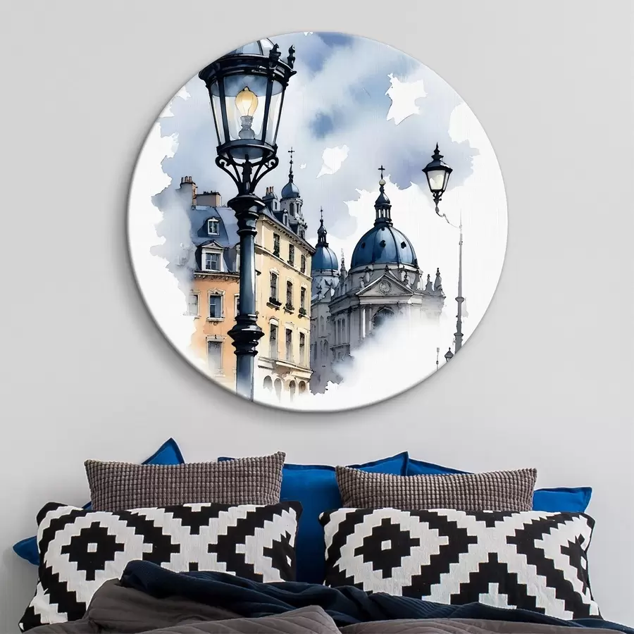  Schilderijen Een sierlijke straatlantaarn met een koepelvormig gebouw op een bewolkte dag r38364