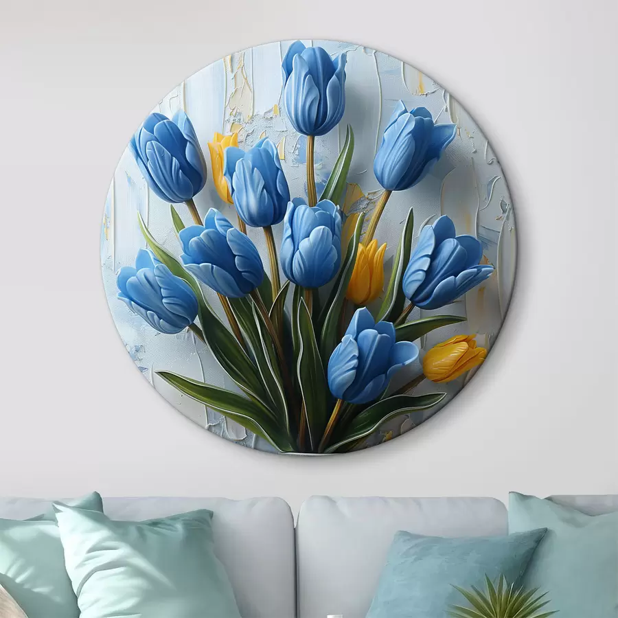  Schilderijen Blauwe en gele tulpen in 3D: elegante olieverfschilderij met witte en lichtblauwe achtergrond en gegraveerde vaas r39637