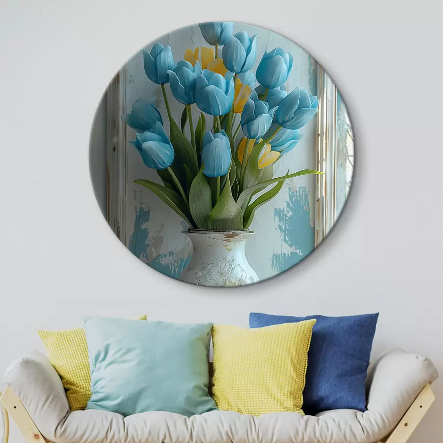  Schilderijen Blauwe en gele tulpen in 3D: elegante wandfoto met witte lijst, witte en lichtblauwe achtergrond en gegraveerde vaas r39636
