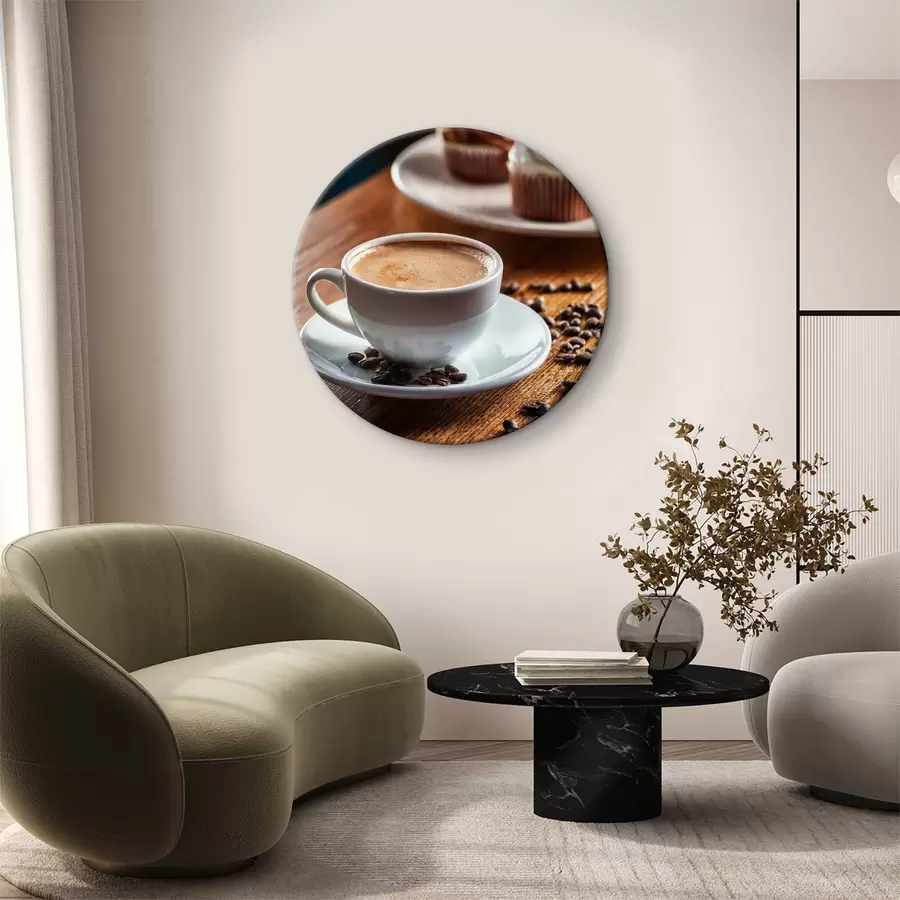 Fotobehang kopje koffie, koffiebonen, taarten, stilleven r40417