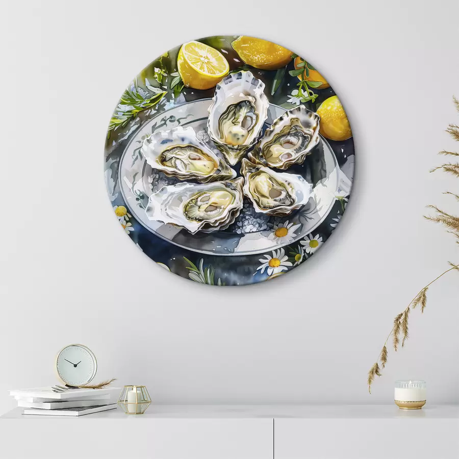  Schilderijen Elegante oesters op het bord, citroenen en bloemen, zomerse kleuren, mediterraan r39710