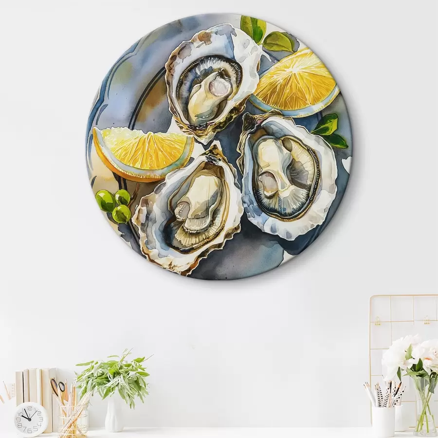  Schilderijen Elegante oesters op het bord, aquarel, citroenen, natuurlijke kleuren, mediterraan r39711