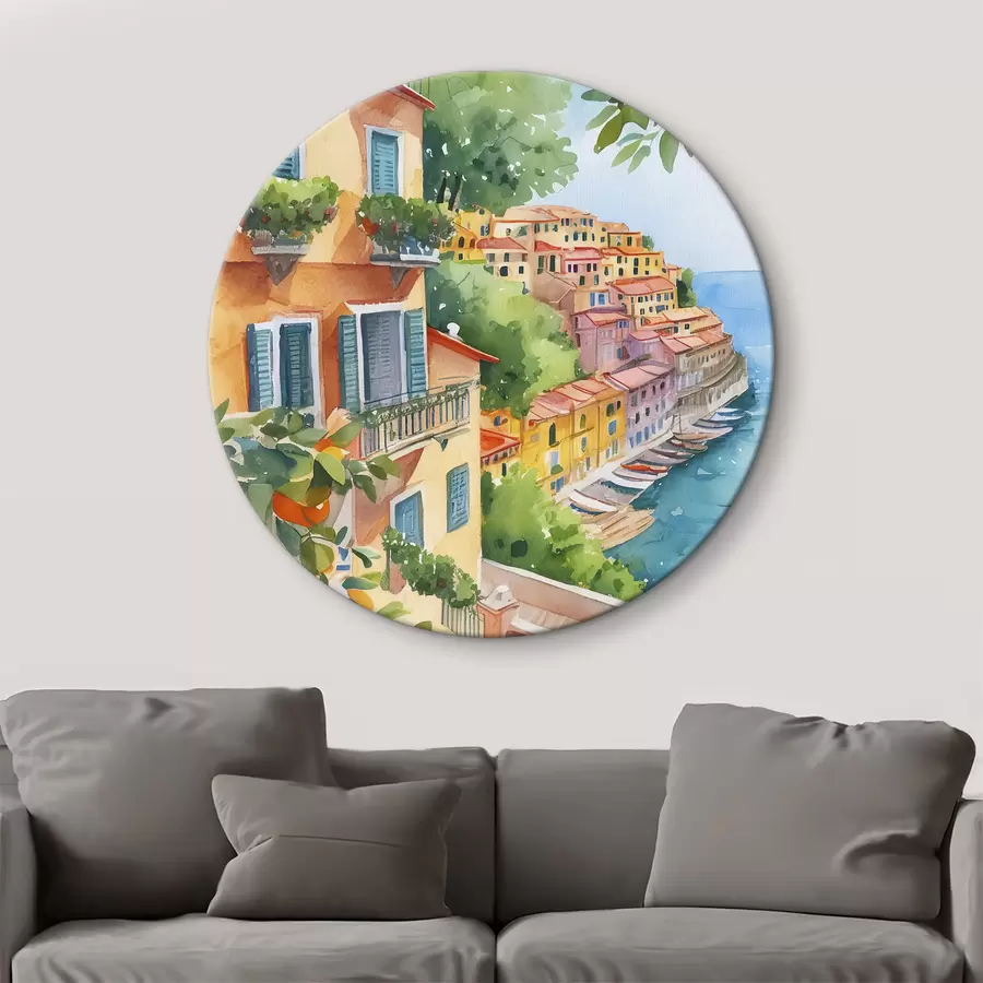  Schilderijen Italiaanse stadsarchitectuur, Amalfi Zeekust, zomer, aquarel, citroenboom r38393