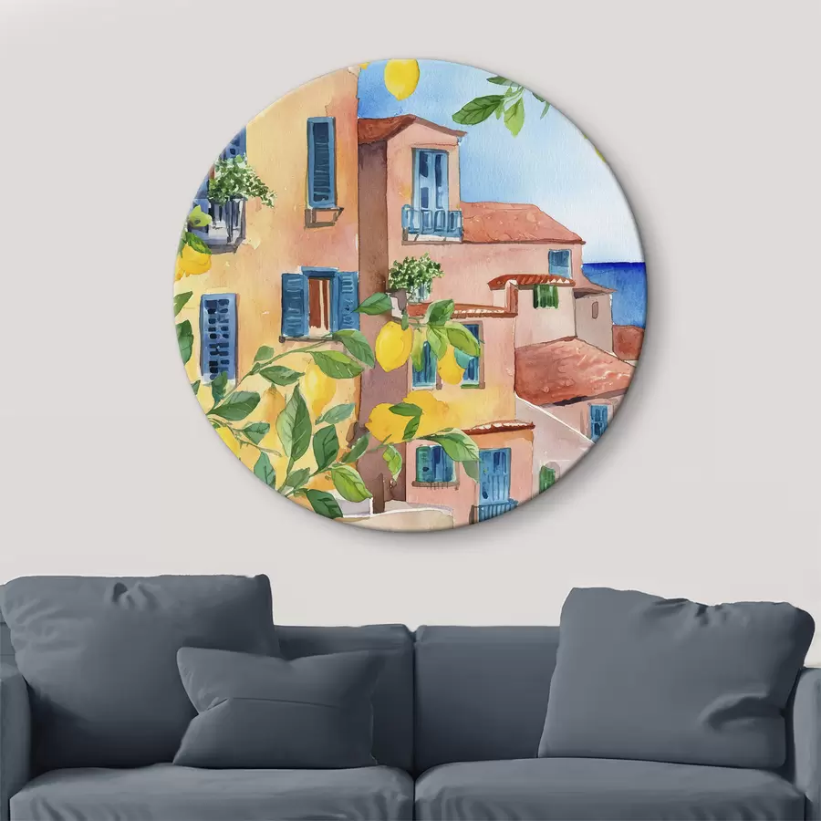  Schilderijen Italiaanse stadsarchitectuur, zeekust, zomer, aquarel, citroenboom r38395